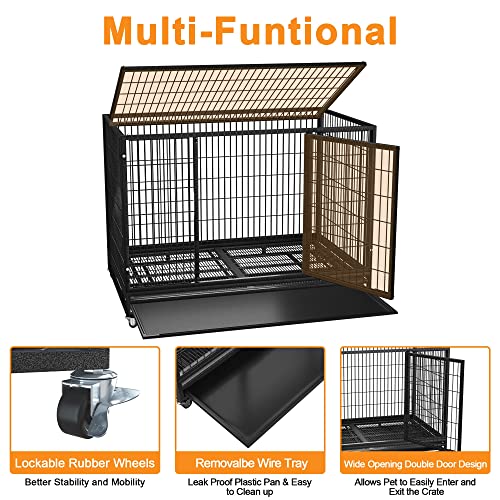 Heavy Duty Dog Crate Cage Kennel for Large Dogs with Removable Trays and Wheels J3652
