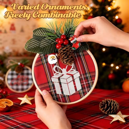 8 Pack DIY Christmas Ornaments Craft Kit with Plaid Fabric Bamboo Hoops Pinecones Berries D112
