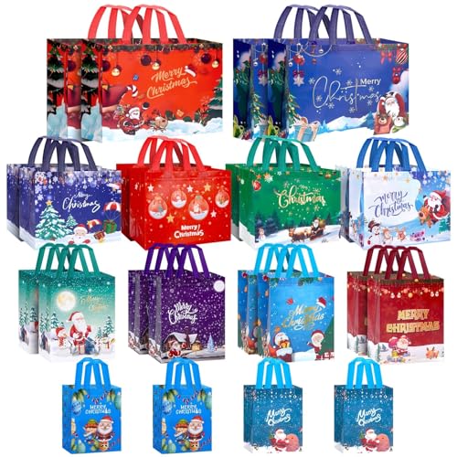 24 Pack Christmas Gift Bags Assorted Sizes, Reusable Tote Bags Includes 4 Extra Large 17",8 Large 13",8 Medium 10",4 Small 8" Non-Woven Christmas Bags for Xmas Party Supplies
