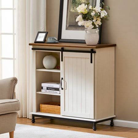 Wampat Farmhouse Barn Door Accent Storage Kitchen Cabinet with Metal Legs, White, Size: 35 x 15.7 x 35