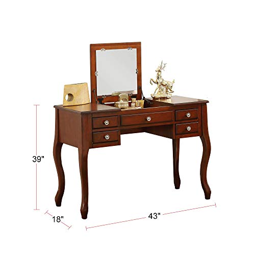 Poundex Bobkona Cailyn Flip Up Vanity Mirror Set with Stool, Cherry H5066