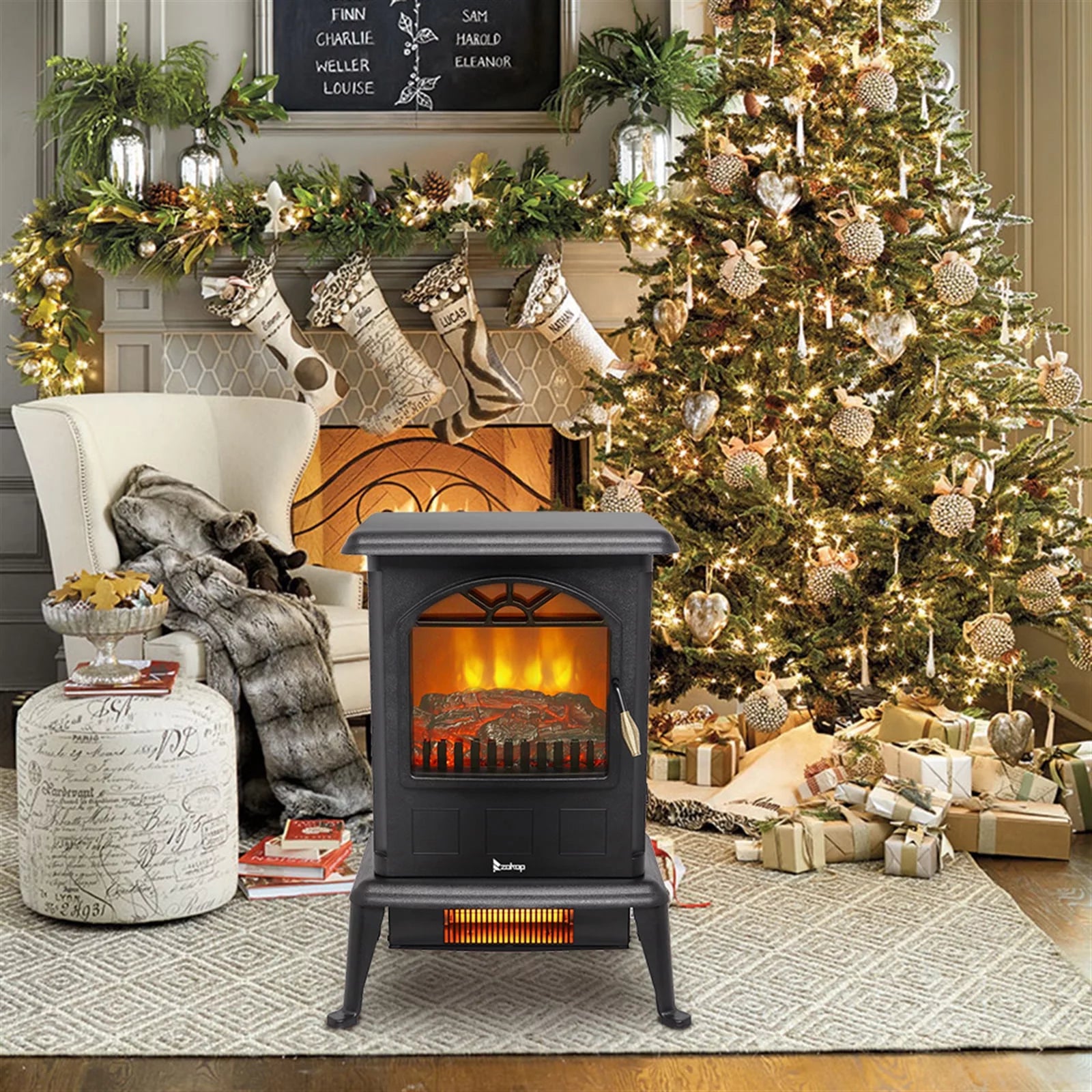 1500W Electric Stove Heater with 3D Flame Effect, Freestanding Indoor Fireplace D3021