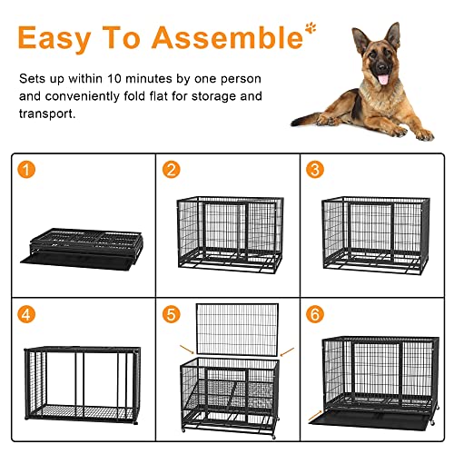 Heavy Duty Dog Crate Cage Kennel for Large Dogs with Removable Trays and Wheels J3652