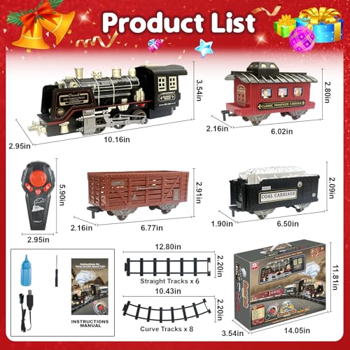 JUQU Christmas Train Set for Kids Ages 3-8 Remote Control Steam Locomotive with Tracks C947409