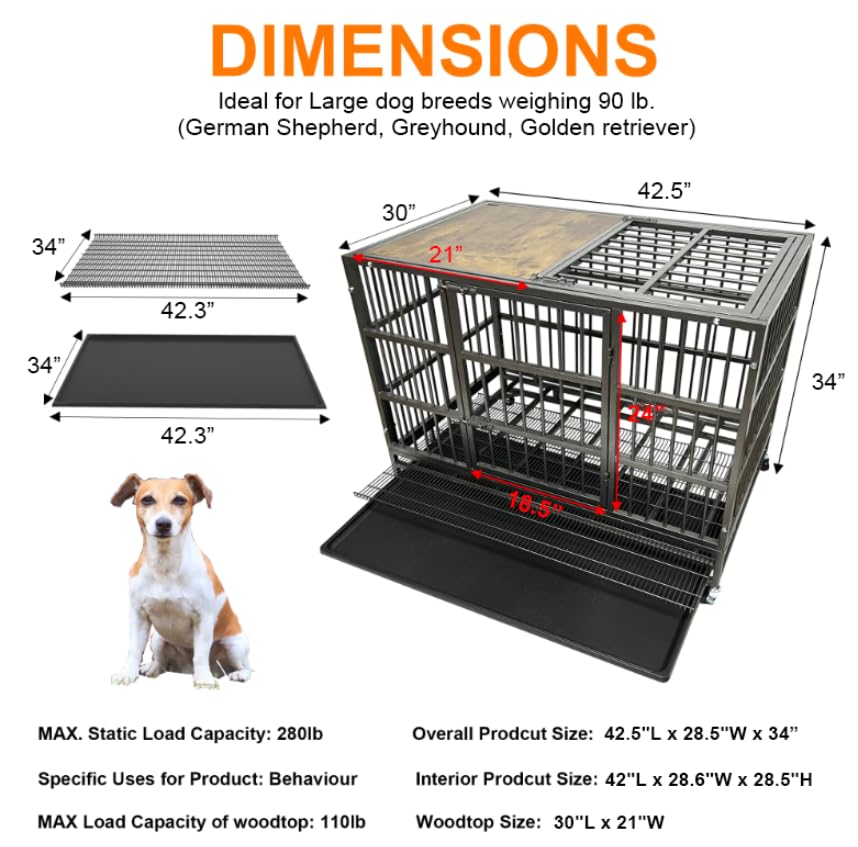 Heavy Duty Dog Crate Cage Kennel for Large Dogs with Removable Trays and Wheels J3652
