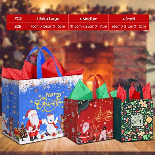 AhfuLife 12 PCS Reusable Christmas Gift Bags with Handles, Assorted Sizes J39716