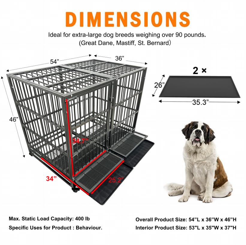 Heavy Duty Dog Crate Cage Kennel for Large Dogs with Removable Trays and Wheels J3652