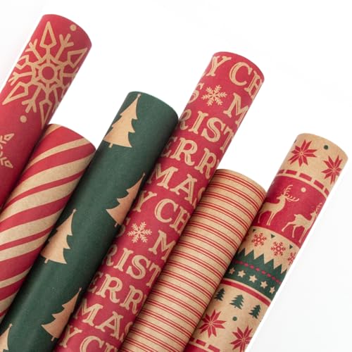 Ribbli Christmas Wrapping Paper Kraft 6 Rolls Red and Green Holiday Assortment 17in x 120in B7897
