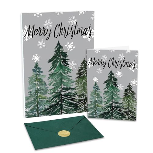GEEORY Boxed Christmas Greeting Cards 5" x 7" Watercolor Xmas Tree & Snowflake (24 with Envelopes & Stickers) | Bulk Holiday Cards for Winter Gifting Green Grey GH003