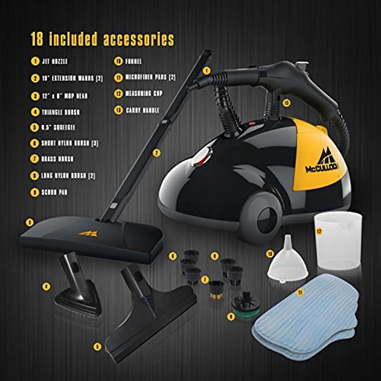 McCulloch MC1275 Heavy-Duty Steam Cleaner with 18 Accessories, Yellow/Grey U77989