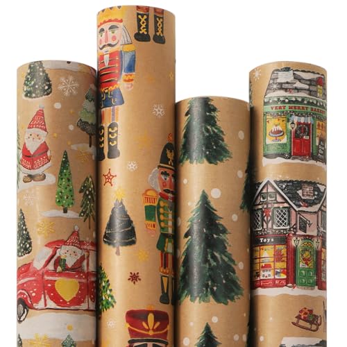 Ribbli 4 Rolls Christmas Kraft Wrapping Paper, 30 x 120 inch per Roll T5923