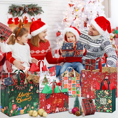 AhfuLife 12 PCS Reusable Christmas Gift Bags with Handles, Assorted Sizes J39716