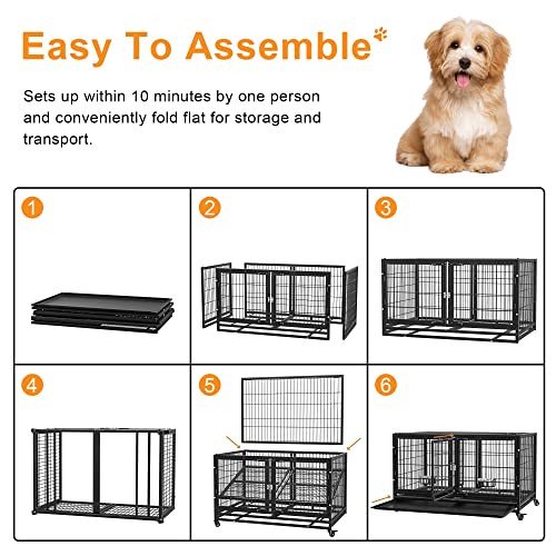 Heavy Duty Dog Crate Cage Kennel for Large Dogs with Removable Trays and Wheels J3652