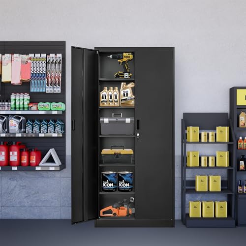 Metal Storage Cabinet 71" White Locking Steel Cabinet with 2 Doors and 5 Shelves U4003