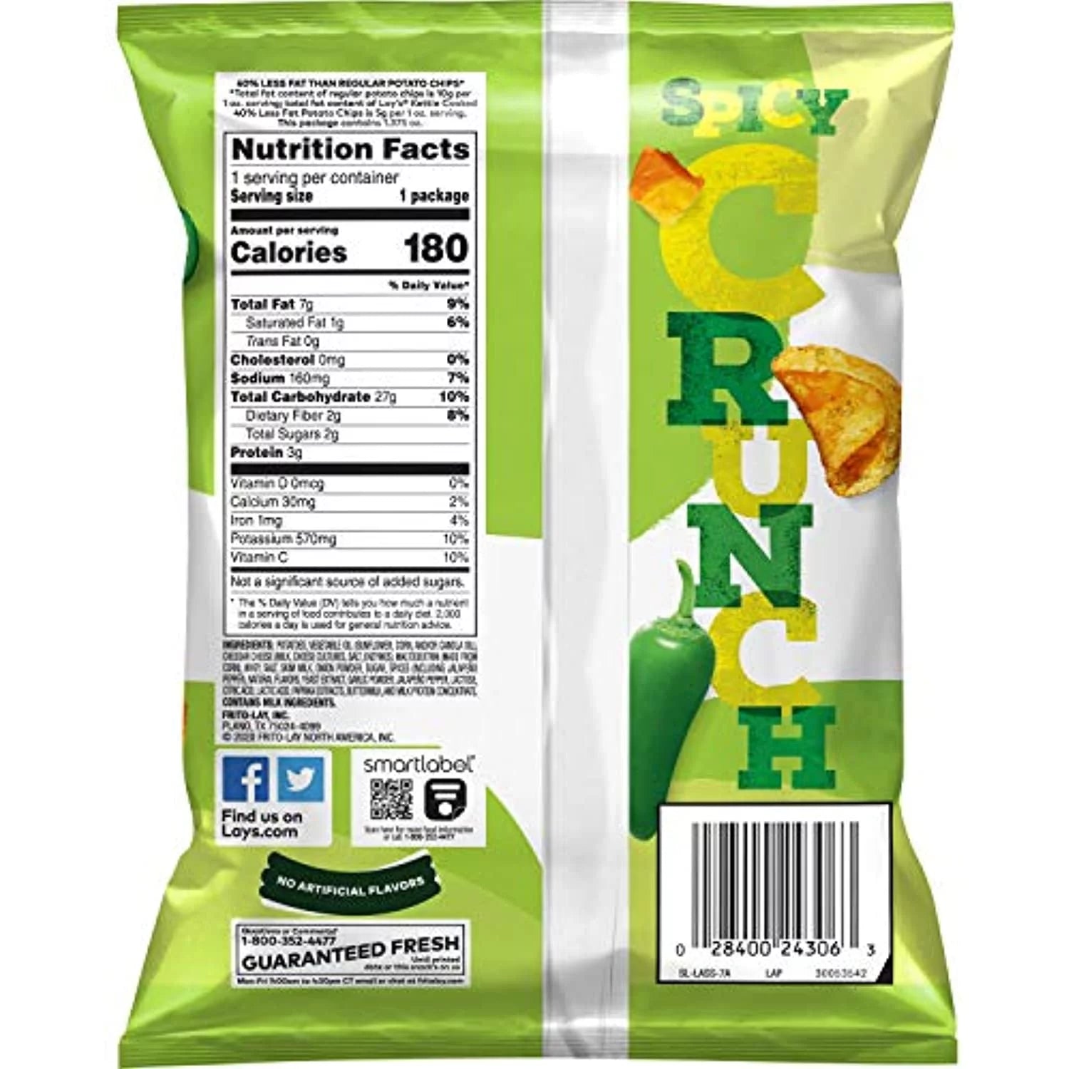Lays Kettle Cooked 40% Less Fat Jalapeño Cheddar Potato Chips, 1.375 oz (Pack of 64) Q2243