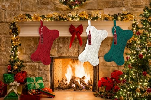 Bone Shaped Dog Christmas Stockings 3 Pack Cable Knit with Name Tag X7669