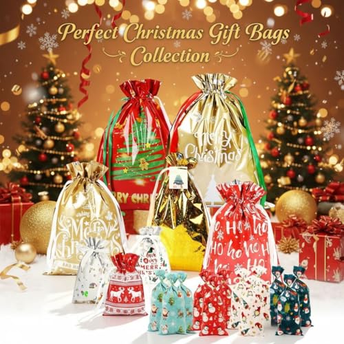 Christmas Gift Bags Set with Drawstring - 80pcs Assorted Sizes for Holiday Gifting I5791