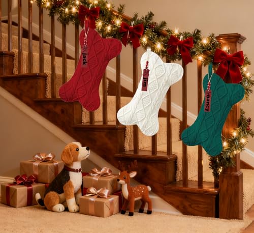 Bone Shaped Dog Christmas Stockings 3 Pack Cable Knit with Name Tag X7669