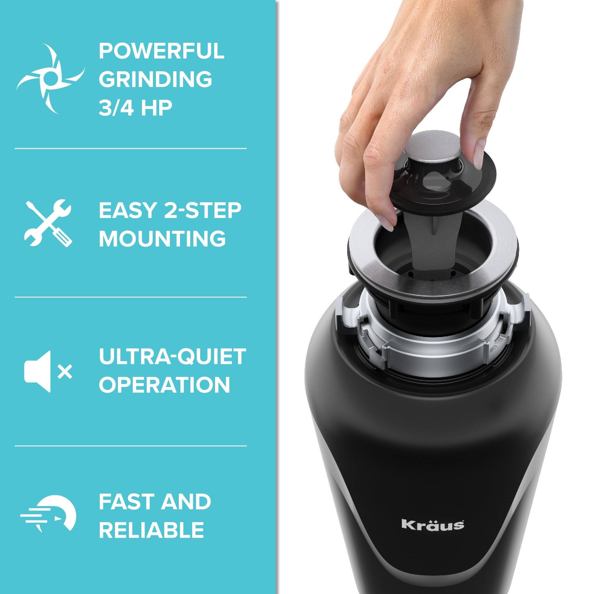 Kraus KWD100-75MBL WasteMate Continuous Feed Garbage Disposal, 0.75 HP Ultra-Quiet N129
