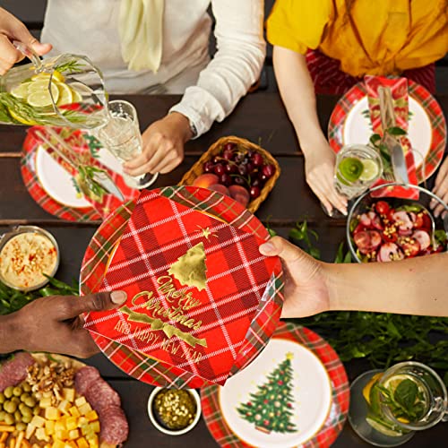 Gatherfun Christmas Tree Red Plaid Disposable Paper Plates and Napkins, Serve 50 M3788