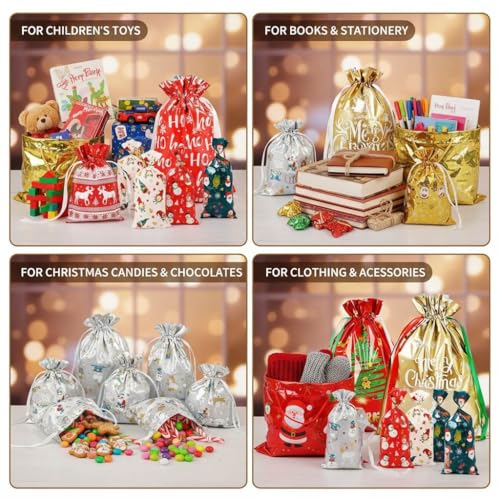 Christmas Gift Bags Set with Drawstring - 80pcs Assorted Sizes for Holiday Gifting I5791