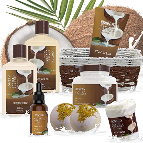 Vanilla Coconut Bath and Body Gift Basket 9 Piece Spa Set X78584