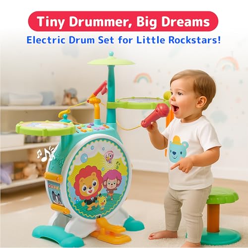 Prextex Electric Toy Drum Set with Cymbal for Kids, Multicolor, 9 Pieces Y12631