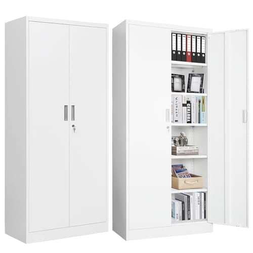 Metal Storage Cabinet 71" White Locking Steel Cabinet with 2 Doors and 5 Shelves U4003