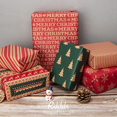 Ribbli Christmas Wrapping Paper Kraft 6 Rolls Red and Green Holiday Assortment 17in x 120in B7897