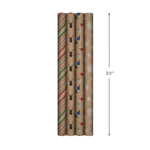 Hallmark Christmas Wrapping Paper Bundle with Cut Lines, Kraft, Red Trucks, 4 Rolls D91100