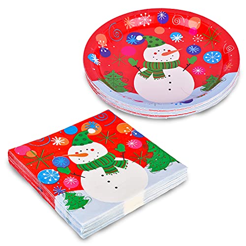 Gatherfun Christmas Snowman Paper Dinner Plates and Napkins, Serve 50 V8502