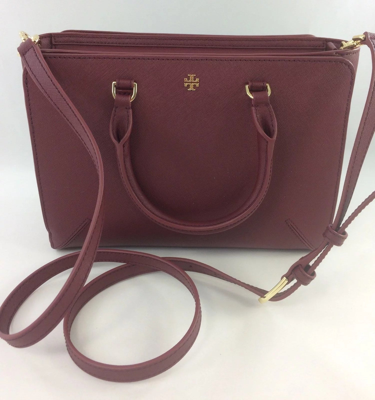 Tory Burch Emerson Small Zip Tote Leather Handbag Imperial Garnet L686590