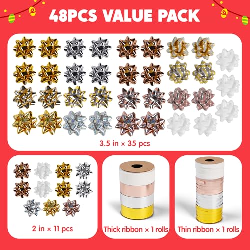 JOYIN 46PCS Christmas Bows and 2 Rolls of Ribbon Assortment for Gift Wrapping R11755