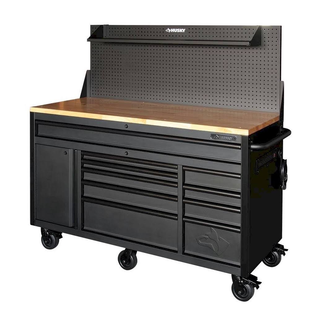 Husky Heavy-Duty 61 in. W 10-Drawer 1-Door, Deep Tool Chest Mobile Workbench in Matte Black w/ Hardwood Top, Pegboard &amp; Shelf - Megean