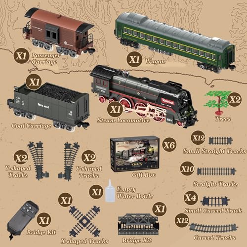 Electric Train Set for Kids with Remote Control, Steam Locomotive with Lights & Sounds F801