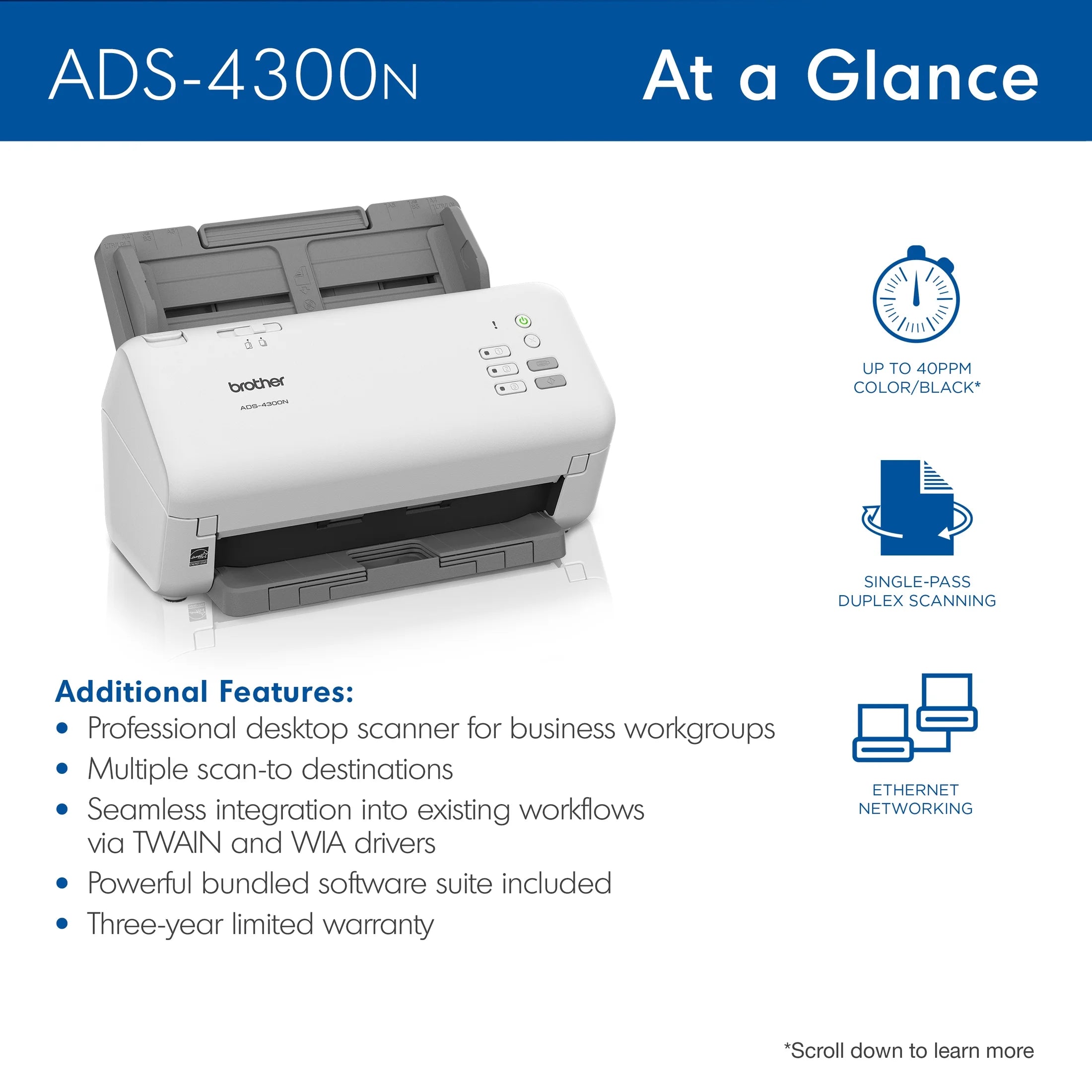 Brother ADS4300N Desktop Document Scanner for Business Workgroups W9072