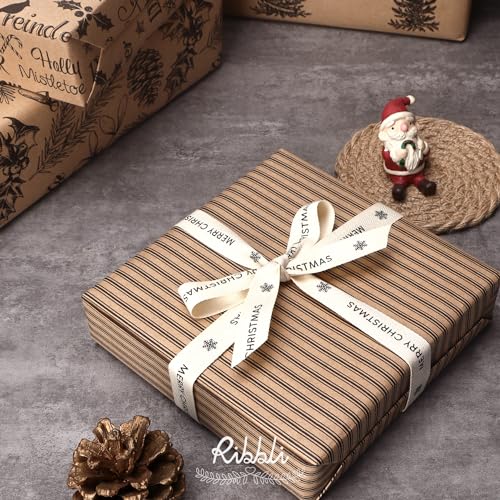Ribbli Christmas Wrapping Paper, 4 Rolls Vintage Kraft Brown with Black Pattern E817