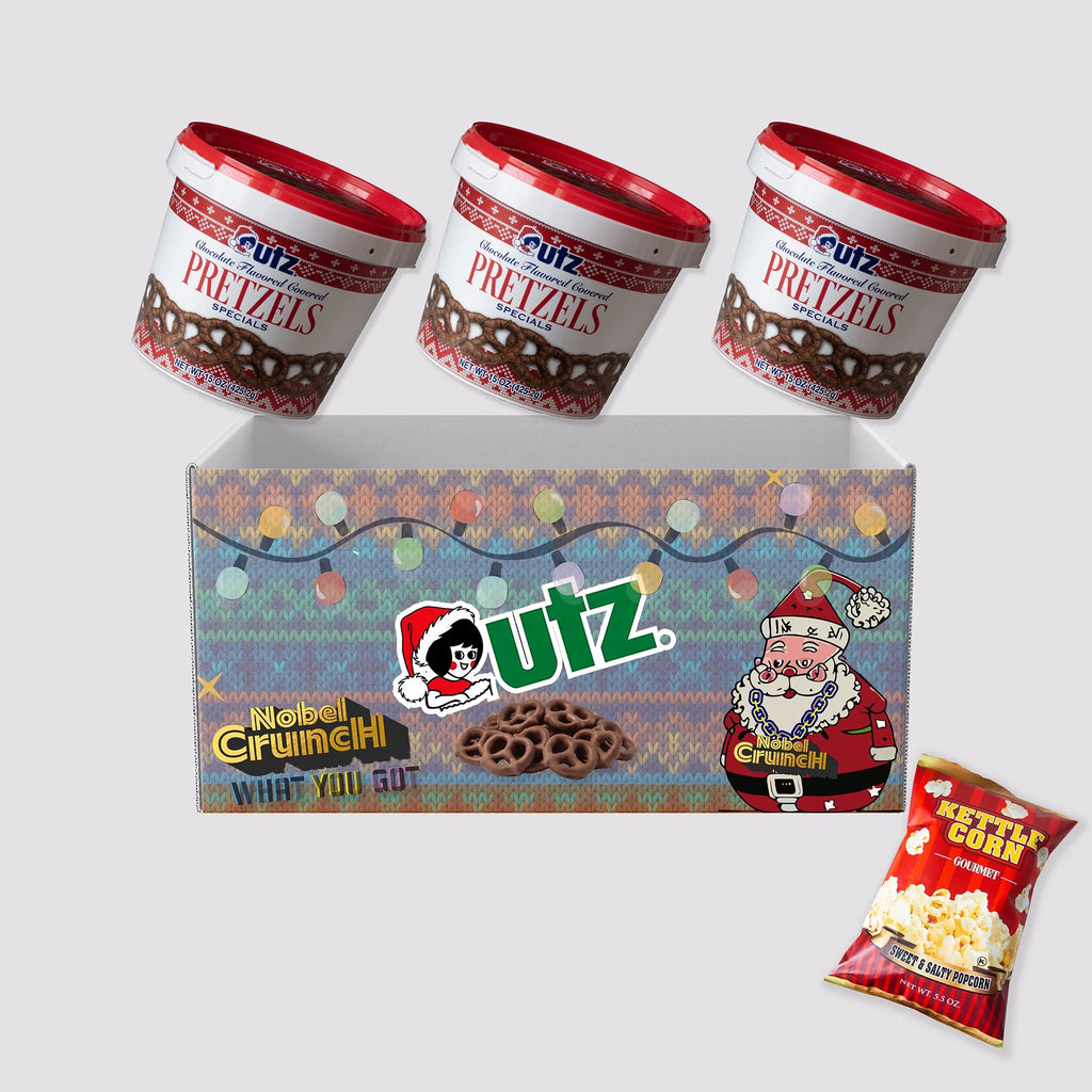 Utz Chocolate Flavored Covered Holiday Pretzels (3, 15oz barrels) - Sweet and Salty Kettle Popcorn (1, 5.5oz) - Bundled by Noblecrunch - 4 Items Total
