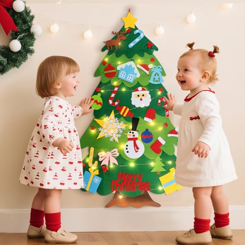 Montessori Felt Christmas Tree for Toddlers with 32 Ornaments and String Lights I83532