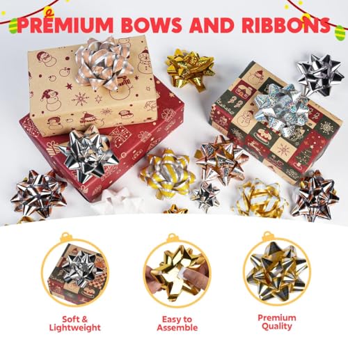 JOYIN 46PCS Christmas Bows and 2 Rolls of Ribbon Assortment for Gift Wrapping R11755