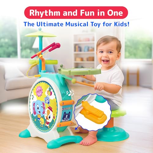Prextex Electric Toy Drum Set with Cymbal for Kids, Multicolor, 9 Pieces Y12631