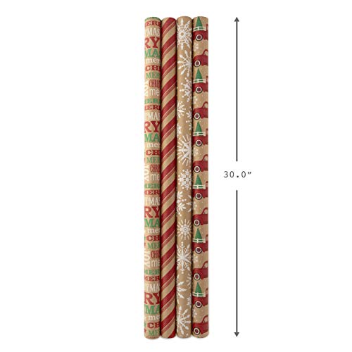 Hallmark Christmas Wrapping Paper Bundle with Cut Lines, Kraft, Red Trucks, 4 Rolls D91100