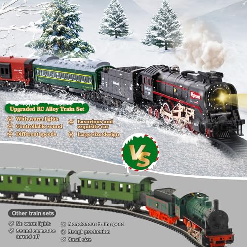 Electric Train Set for Kids with Remote Control, Steam Locomotive with Lights & Sounds F801