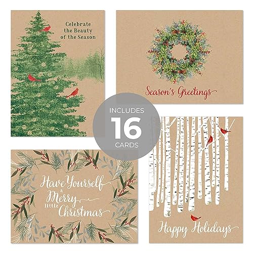 Masterpiece Holiday Greetings Christmas Cards with Snowy Cardinal Wreath, 16 Boxed with Envelopes L381397