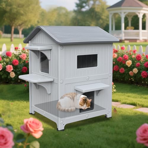 Outdoor Cat House with Mat Weatherproof for Feral Cat, 2 Story Insulated Shelter E964824