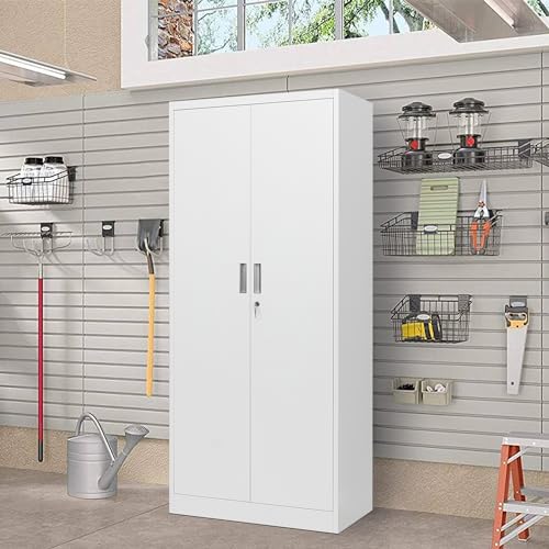 Metal Storage Cabinet 71" White Locking Steel Cabinet with 2 Doors and 5 Shelves U4003