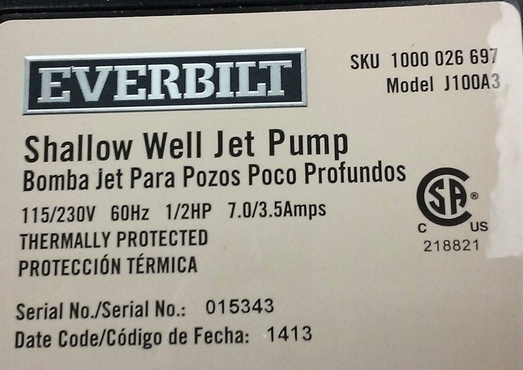 Everbilt J100A3 1/2 HP Shallow Well Jet Pump L470