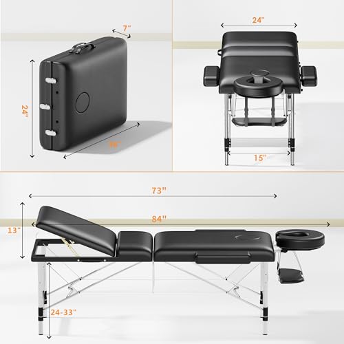 Portable Massage Table 84" Aluminum Adjustable 3-Section Reclining Couch with Carrying Bag (Black) B663600