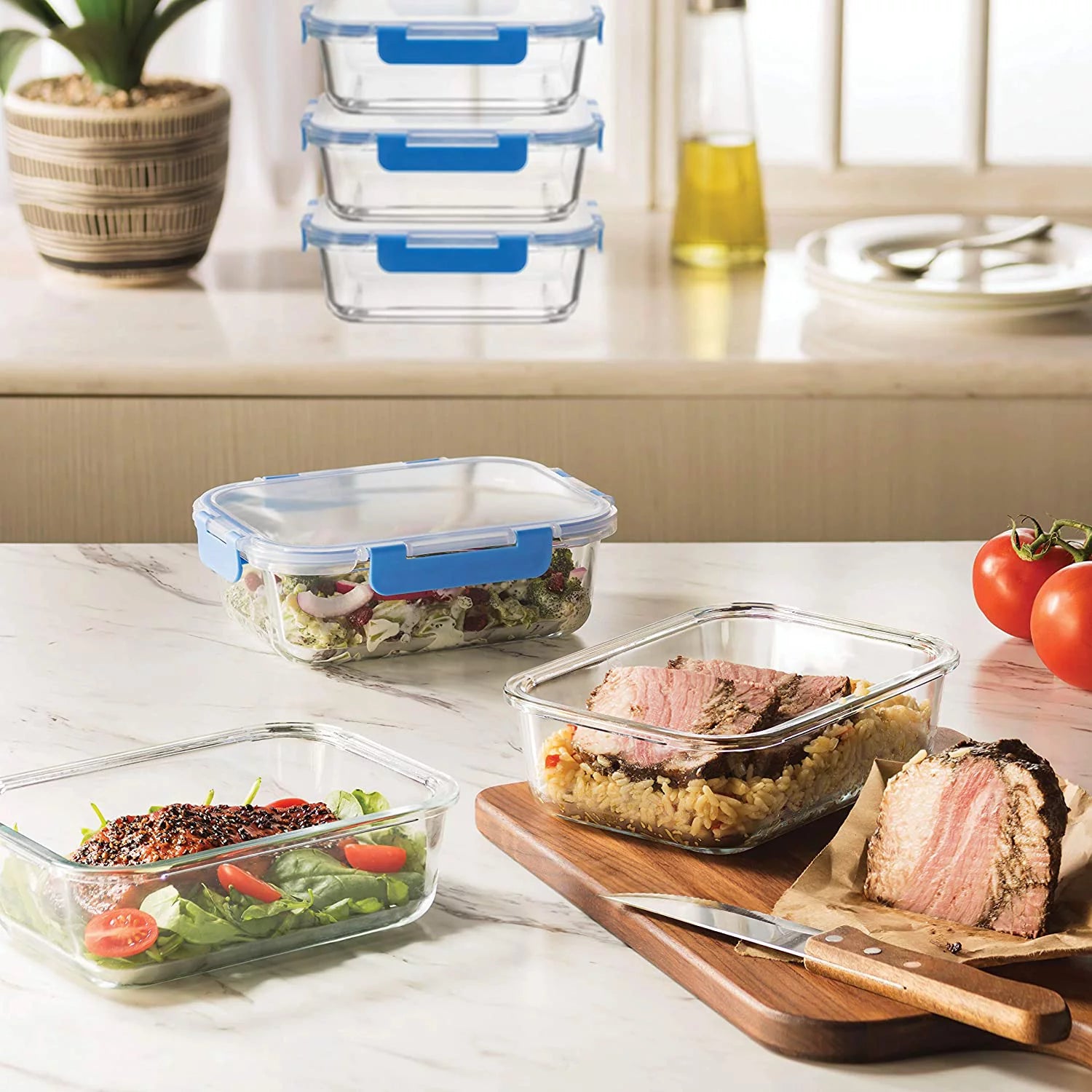 Glass meal prep containers 6 pack 35oz with locking lids J406346