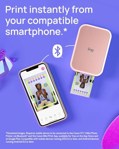 Canon Ivy 2 Mini Photo Printer (Blush Pink) with Bluetooth, Zink Sticky-Back Prints, Case & USB Cable L651